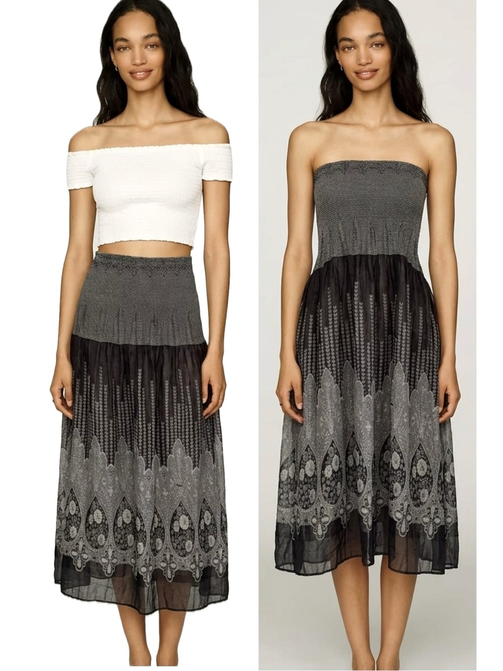 Lapis Smocked Strapless Midi Dress Convertible A-line Poofy Skirt Fairy Grunge